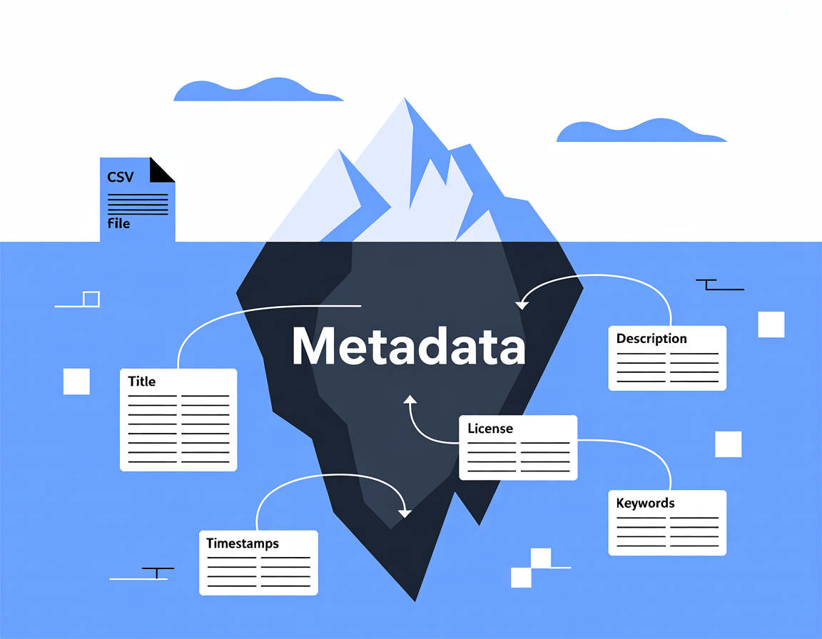 "An iceberg showing a small tip labeled 'CSV File' above water and a large submerged base labeled with metadata attributes like title, description, license, timestamps, and keywords."